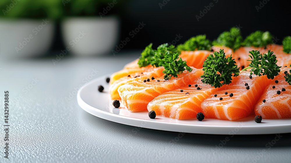 Thinly sliced fresh salmon garnished with black pepper and parsley, beautifully arranged white plate. This vibrant dish showcases rich colors and textures of salmon, evoking sense of freshness