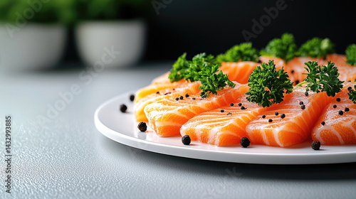 Obraz na płótnie Thinly sliced fresh salmon garnished with black pepper and parsley, beautifully arranged white plate. This vibrant dish showcases rich colors and textures of salmon, evoking sense of freshness w salonie