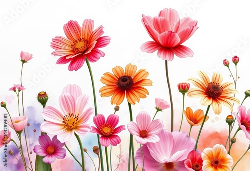 Vibrant watercolor wildflowers, delicate petals, soft background, bloom, stock