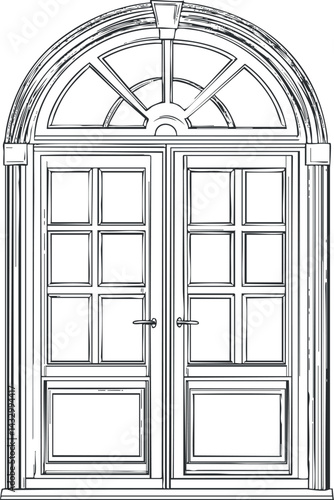Detailed black and white sketch of classic double wooden door with arched window above and panel design.