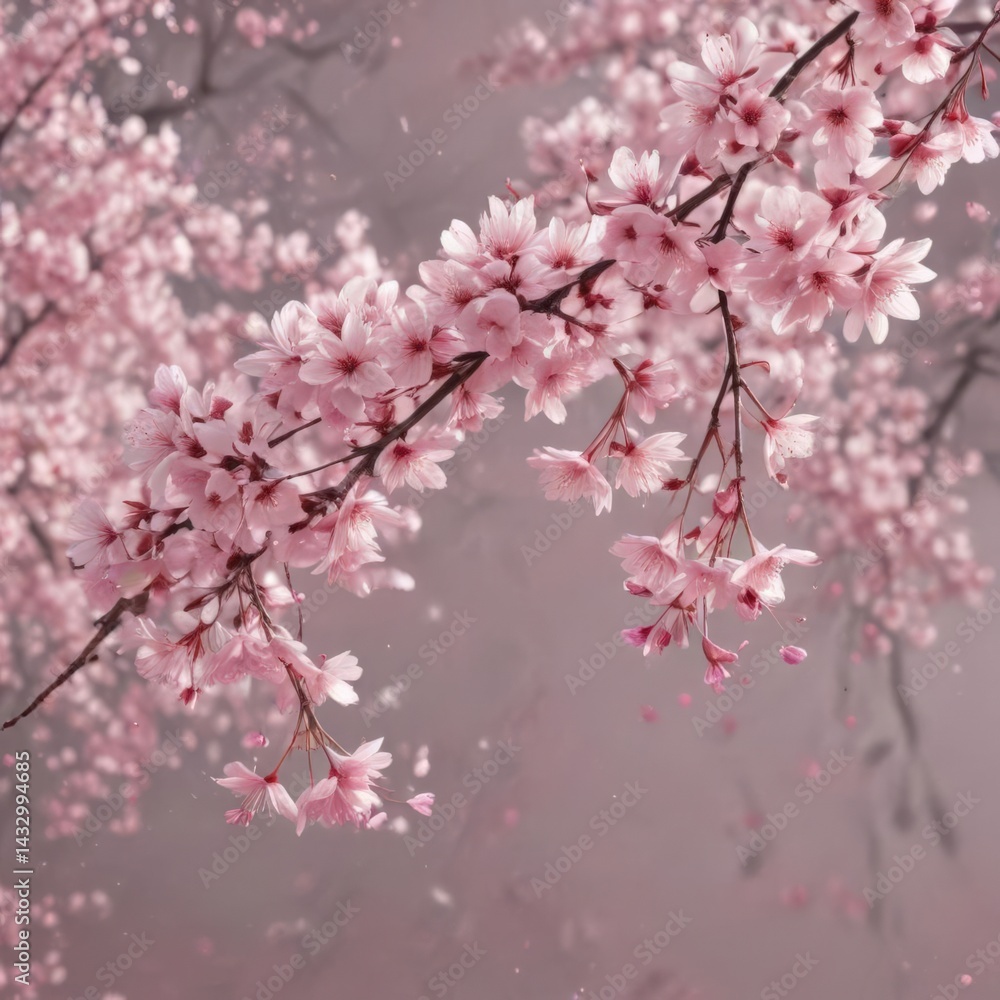 Fototapeta premium Soft pink sakura petals flutter down, blurring into a dreamlike cherry blossom scene , vibrant color, flower