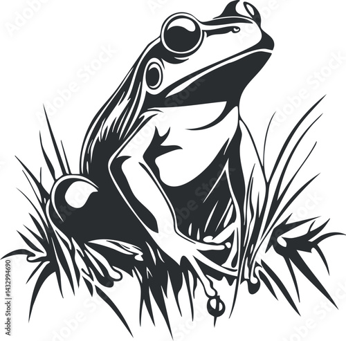 Black and white vector illustration of a frog sitting among grass in a natural wetland environment