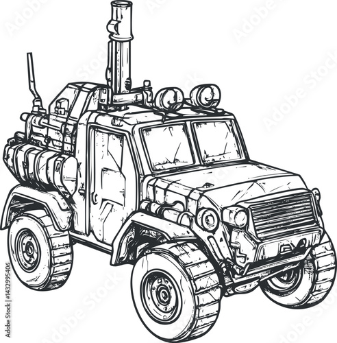 Black and white sketch of a military armored vehicle with mounted weapon and offroad tires