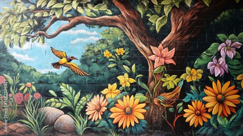 Painting of a bird flying near flowers and a tree in nature.