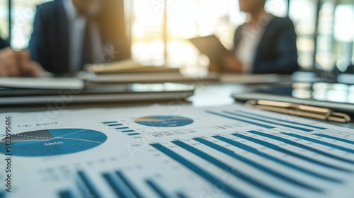 A group of investment bankers in a modern office discussing potential mergers and acquisitions, with financial data and charts on the table