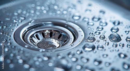 Obraz na płótnie polished chrome sink drain with water droplets glistening its surface creates clean and modern aesthetic. intricate details of drain are highlighted by reflections of light, evoking sense w salonie
