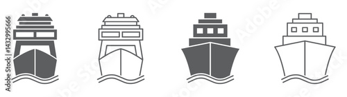 Set of ship icons. Ferry boat symbol, boat, ship front view. Cargo ship, cruise ship, marine sailboat transport, transport signs. Vector.
