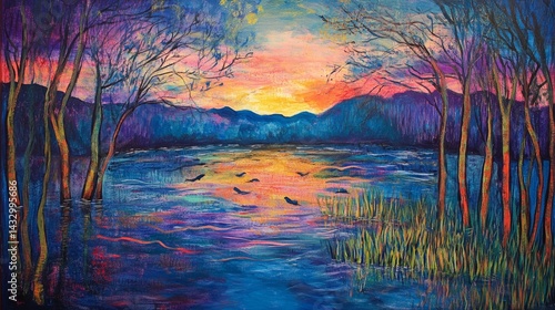 Colorful painting of a river surrounded by trees with a bright sunset.
