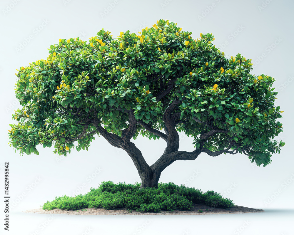 Obraz premium Lush Green Tree with Full Foliage and Yellow Highlights Isolated on White Background Front View