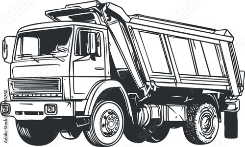 Black and white illustration of a dump truck used for construction and heavy cargo transport work.