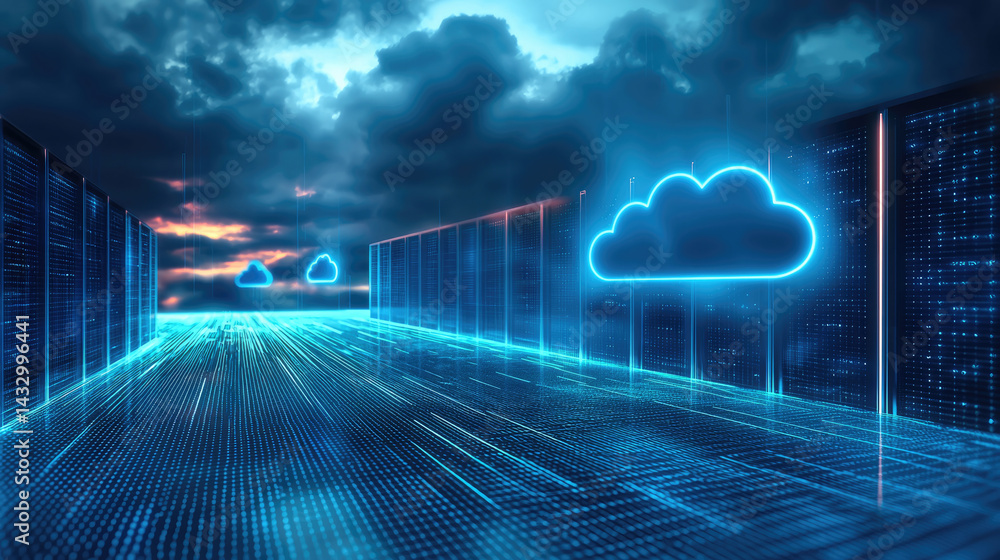 futuristic digital network landscape featuring glowing cloud icons and data servers under dramatic sky. scene evokes sense of advanced technology and connectivity
