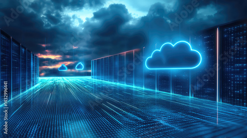 Obraz na płótnie futuristic digital network landscape featuring glowing cloud icons and data servers under dramatic sky. scene evokes sense of advanced technology and connectivity w salonie