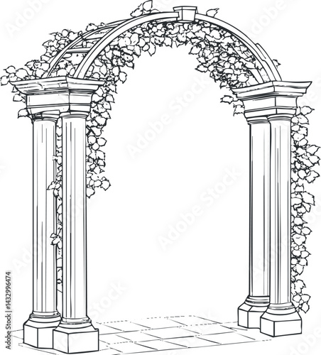 Elegant garden arch with classical columns and climbing vines creating a decorative outdoor structure