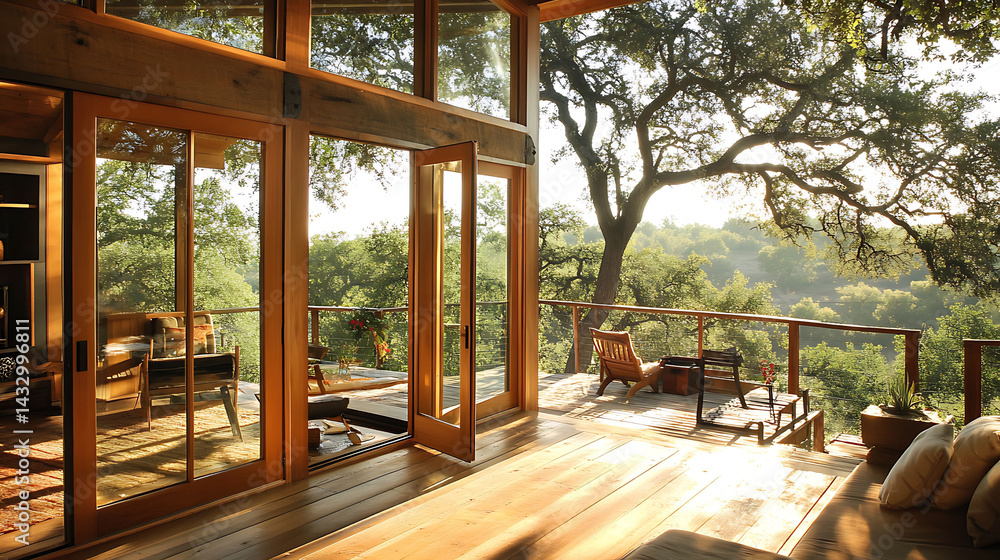Fototapeta premium small elevated rural home with large glass doors, wood patio, and morning sunshine