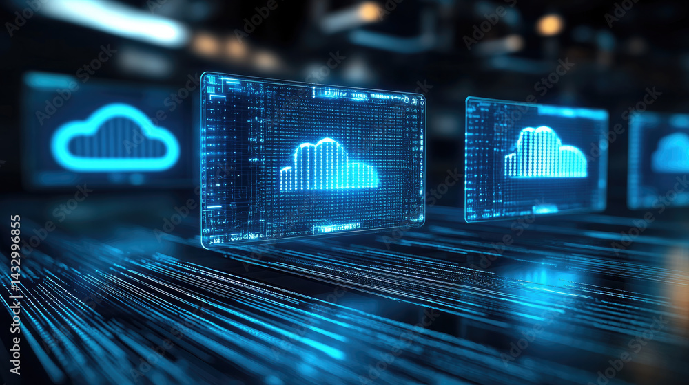 Futuristic digital network with glowing cloud icons and data streams, representing technology and connectivity in modern environment. image evokes sense of innovation and advancement