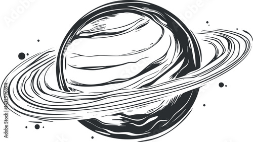 Black and white illustration of a ringed planet resembling Saturn in outer space with surrounding stars