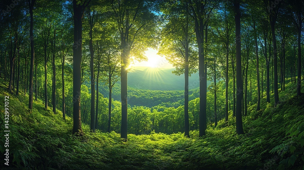 Obraz premium Sunlit Forest Clearing with Lush Ferns and Distant Hills