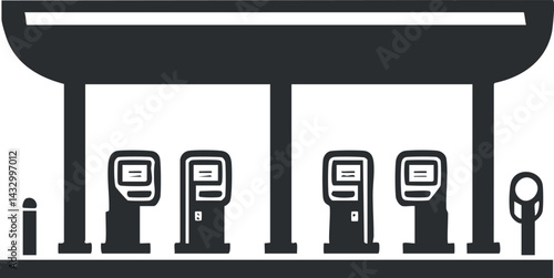 Black and white silhouette of a gas station with fuel pumps and a canopy for vehicle refueling