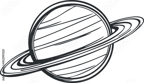 Black and white sketch illustration of a planet with rings resembling Saturn in space astronomy theme