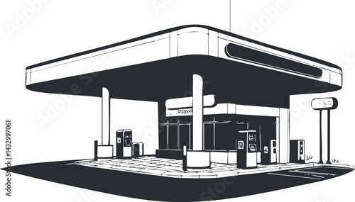 Black and white illustration of a modern gas station with fuel pumps and canopy for vehicle refueling