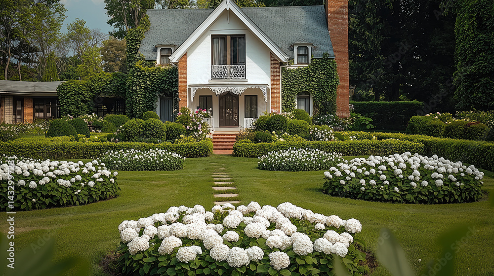 beautiful white house surrounded by lush green gardens filled with blooming hydrangea bushes. well maintained landscape features neatly trimmed hedges and vibrant flowers, creating serene