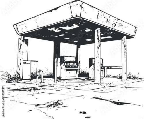 Black and white illustration of an abandoned old gas station with weathered fuel pumps and canopy