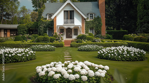 Obraz na płótnie beautiful white house surrounded by lush green gardens filled with blooming hydrangea bushes. well maintained landscape features neatly trimmed hedges and vibrant flowers, creating serene w salonie