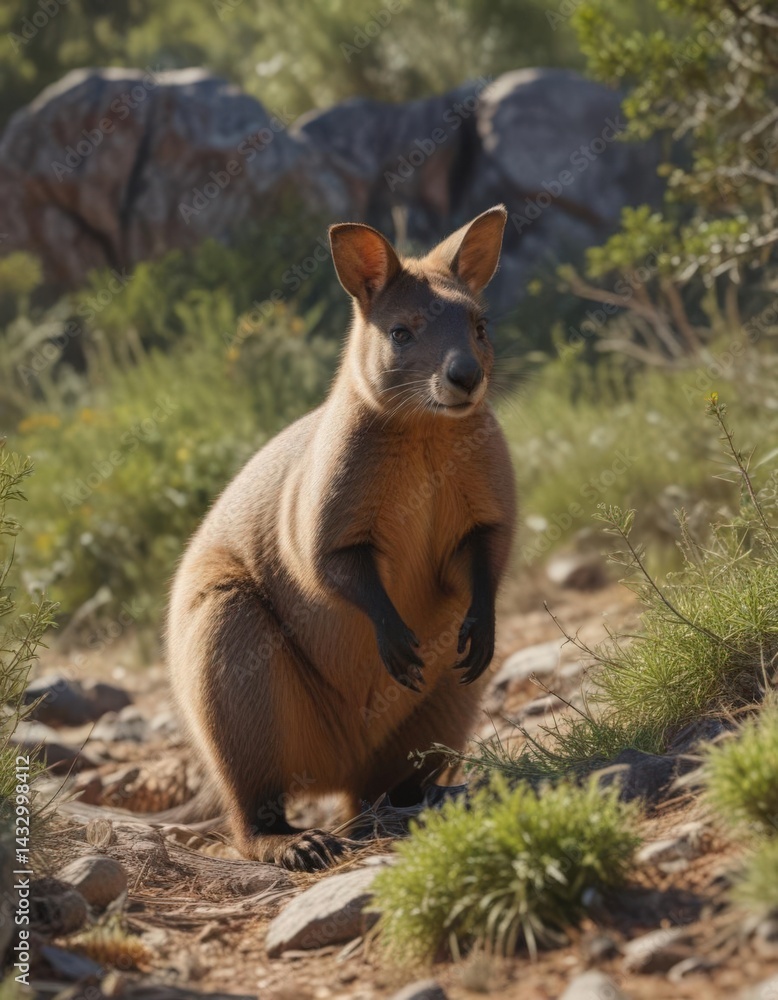 Fototapeta premium Rock wallaby grazing amongst sparse vegetation, nature, habitat