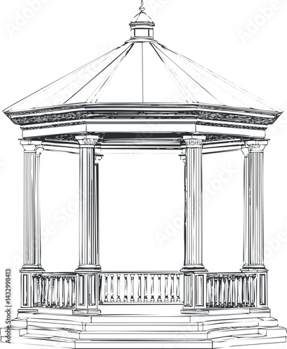Black and white line drawing of a classic octagonal gazebo with columns and steps