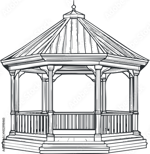 Black and white line drawing of a wooden gazebo with hexagonal roof and open sides for outdoor leisure