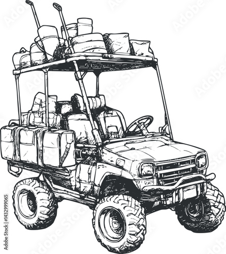 Black and white hand drawn sketch of an offroad utility golf cart loaded with luggage and equipment for outdoor adventure and travel