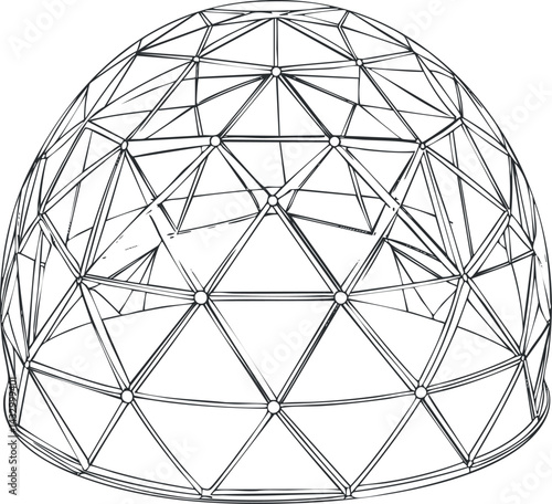Black and white line drawing of a geodesic dome architectural structure with triangular framework pattern.