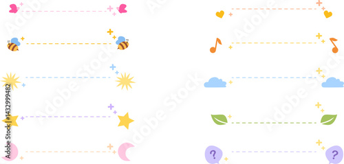 Set of 10 pastel-themed highlight dividers for social media, designed in a cute and minimalistic cartoon style. Each divider features dashed lines with small decorative icons at both ends, including