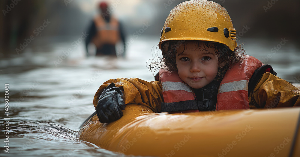 young child wearing bright yellow helmet and orange life jacket floats on rescue raft in flooded area, showcasing moment of bravery and resilience amidst challenging conditions