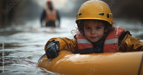 Obraz na płótnie young child wearing bright yellow helmet and orange life jacket floats on rescue raft in flooded area, showcasing moment of bravery and resilience amidst challenging conditions w salonie