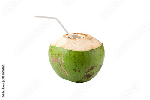 Green coconut shows rustic patches and a white straw inserted, brimming with cool, thirst-quenching coconut water, isolated on a transparent background