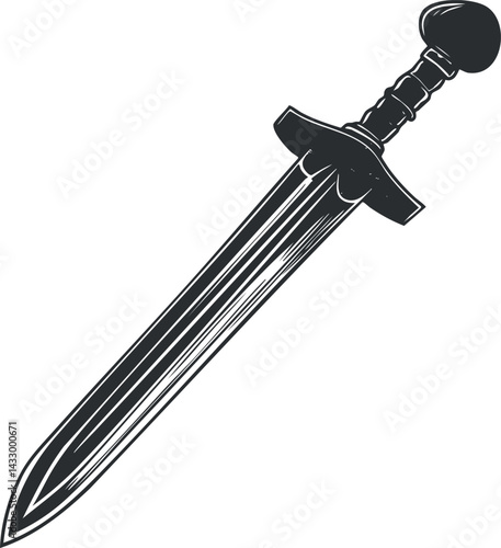 Detailed illustration of a medieval sword with a sharp blade and sturdy handle for combat and defense.