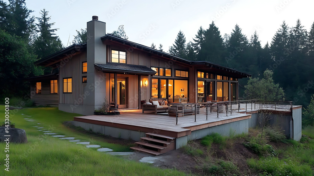 warm countryside house design with wood and concrete mix on raised platform