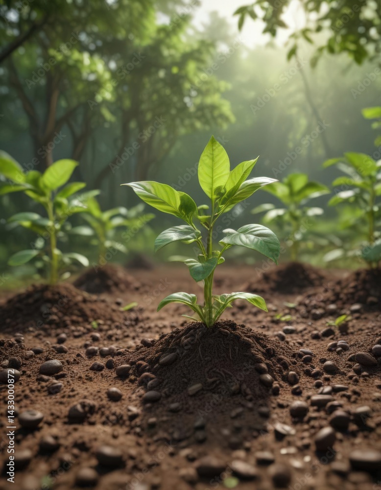 Tender coffee bean seedlings emerge in verdant natural setting , sustainability, plant Tender coffee bean seedlings emerge in verdant natural setting , sustainability, plant