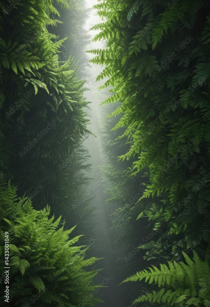 Obraz premium Thick canopy overhead, vibrant green ferns below, high-resolution, green leaves, landscape