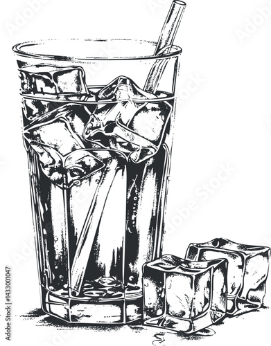 Detailed black and white hand-drawn illustration of a glass filled with ice cubes and a straw, with additional ice cubes beside the glass