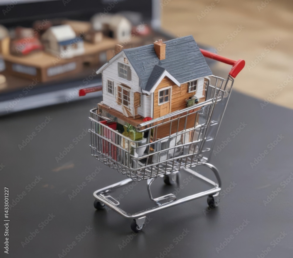 Shopping cart with tiny house model, online home search, shopping, model home Shopping cart with tiny house model, online home search, shopping, model home