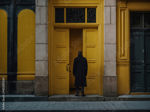 Mysterious figure standing in a yellow doorway.