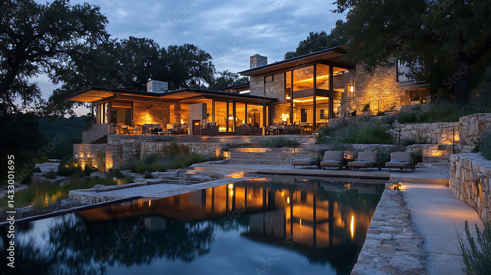 elevated country home reflecting soft amber light during early evening elevated country home reflecting soft amber light during early evening