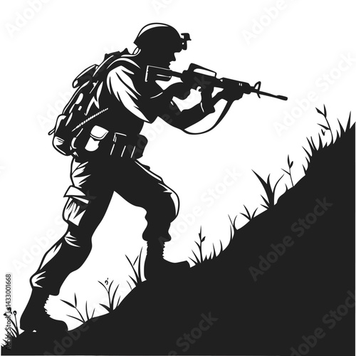 Silhouette of Soldier Climbing Hill with Gun and Backpack in Black and White
