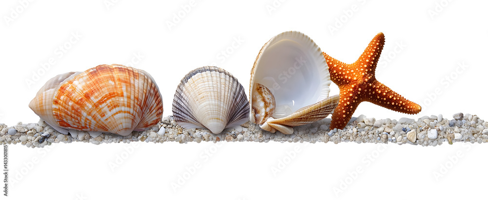 Coquillages et une étoile de mer sur un fond transparent pour arrière plan.