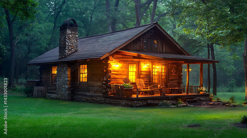 Fototapeta premium quiet rural retreat at dusk with glowing wood textures and calm warm light