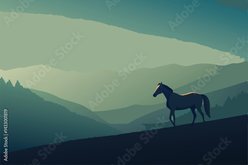 horse in foggy pasture during light drizzle