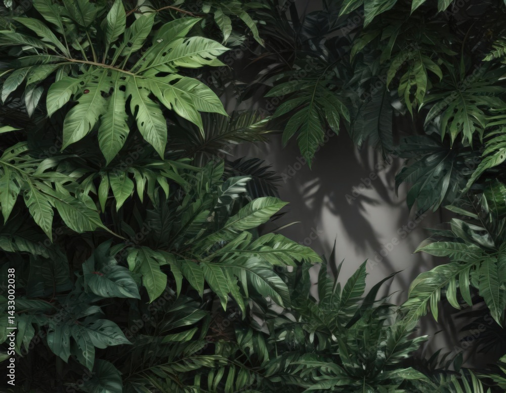 Intricate overlapping exotic leaves, deep shadows, elegant tropical design , overlap, botanical Intricate overlapping exotic leaves, deep shadows, elegant tropical design , overlap, botanical