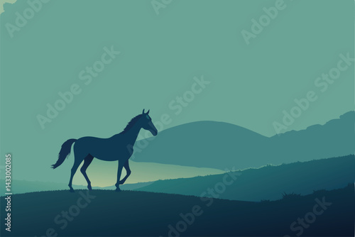 horse in foggy pasture during light drizzle